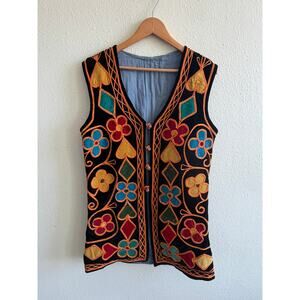 Vintage 60s Afghan Embroidered Velvet Vest Boho Hippie Festival Style